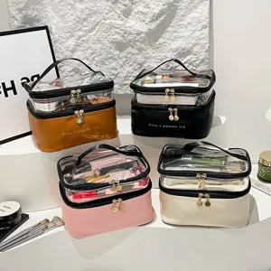 Grande borsa da trucco da viaggio in PU trasparente a due strati in quattro colori