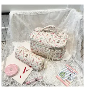 Detailed view of quilted floral bear pattern cosmetic bag and matching pouch set.