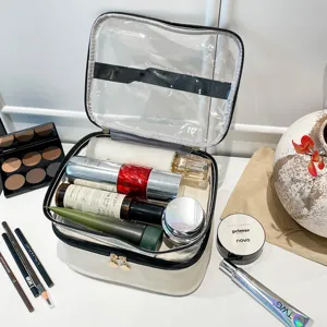Grande borsa da viaggio per trucco a doppio strato in PU con coperchio trasparente