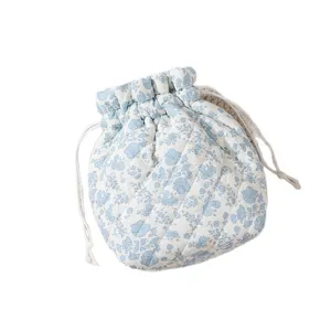 Elegant light blue floral quilted drawstring makeup pouch and travel storage bag