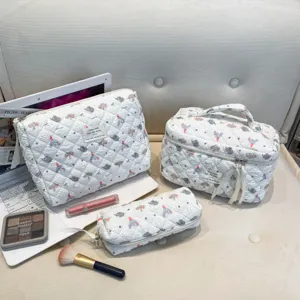 Set of three quilted cosmetic bags with elephant pattern on white background