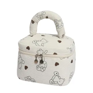 Detail showing the soft corduroy texture and bear pattern on a travel makeup bag