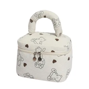 Detailed view of a white corduroy makeup bag featuring bear and heart prints with handle