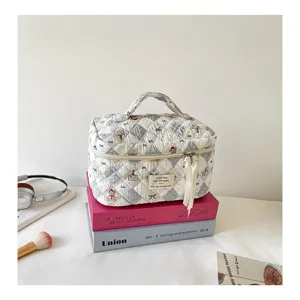 Large capacity quilted makeup bag with handle and cute floral bear pattern for travel