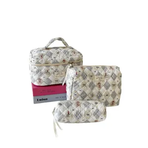 3-Piece set of quilted bubble fabric cosmetic bags featuring cute bear prints and handles
