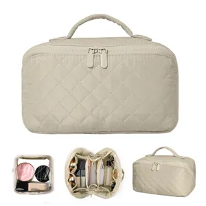 Large capacity quilted beige makeup bag with handle for portable travel toiletry storage
