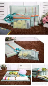Various sizes of mesh travel storage bags with toiletries and towels for packing