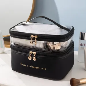 Dubbellaagse transparante PU make-up tas met gouden rits en grote capaciteit