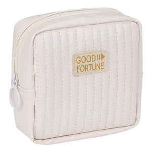 Cream quilted portable pouch for cosmetics and sanitary pads with Good Fortune label.