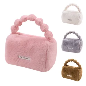 Plush faux rabbit fur handbag cosmetic bag with bubble handle in multiple colors