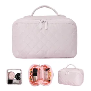 Large capacity portable pink quilted cosmetic bag for travel toiletry storage