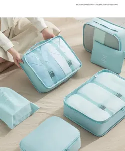 Detailansicht hellblauer Reise-Organizer-Taschen mit Netzeinsätzen und gefalteter Kleidung