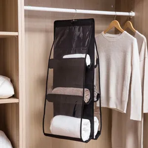 Close-up of a multi-layer hanging closet organizer with transparent pockets in a wardrobe