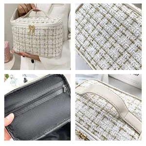 Detailed macro views of a beige tweed cosmetic bag with mesh pocket and gold zipper