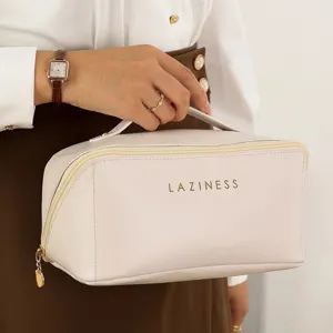 Elegante cremefarbene PU-Leder Kosmetiktasche mit Griff und großem Stauraum für Reisen