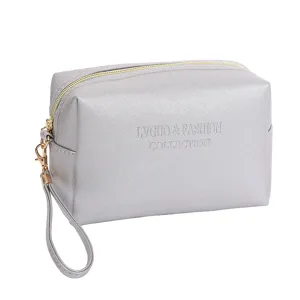 Silver cross-grain PU leather waterproof makeup bag and toiletry pouch with wristlet