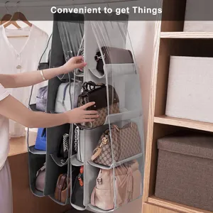 Hanging handbag organizer for closet storage with clear transparent pockets and hook
