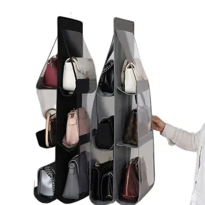 6-Pocket double sided hanging handbag organizer for closet storage in black and grey