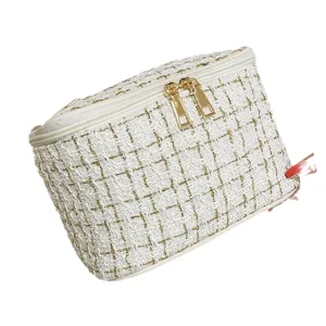 Large capacity elegant white and gold tweed makeup bag for travel cosmetic storage