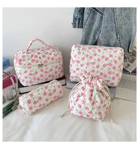 Pink floral quilted makeup bag 4-piece set including drawstring and pencil case
