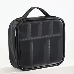 Große schwarze Kosmetiktasche mit transparentem Fenster und Fächern für Reisen