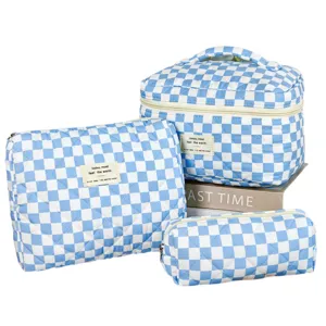Korean style blue and white quilted checkerboard cosmetic bag 3-piece set for travel