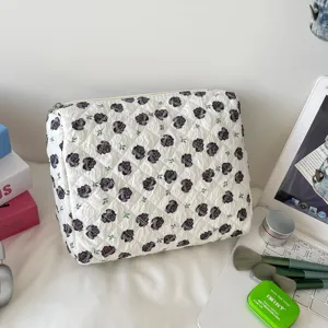 Detailed view of quilted cotton cosmetic bag with black rose floral pattern