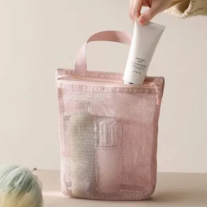Large capacity portable pink mesh wash bag organizer for travel toiletries and cosmetics