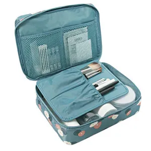 Large capacity floral waterproof square makeup bag with built-in brush organizer