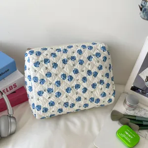 Detailed view of the blue floral quilted cotton makeup bag's texture and pattern