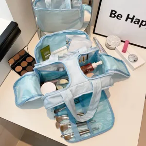 Große blaue Reise-Kosmetikttasche mit mehreren Fächern für Make-up und Pinsel