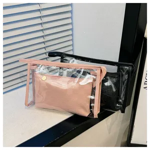 Portable PVC Travel Makeup Bag Set Transparent Waterproof Toiletry Organizer With Plaid Inner Pouch For Women Daily Storage