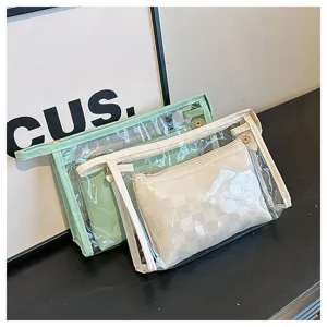 Detail of the 2-piece PVC cosmetic bag set featuring a transparent outer layer and pouch.