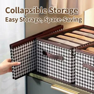 Houndstooth foldable storage box with multiple compartments and handles for closet