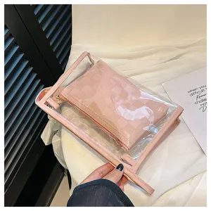 Close-up view of the two-piece transparent PVC and pink checkered cosmetic travel bag set.