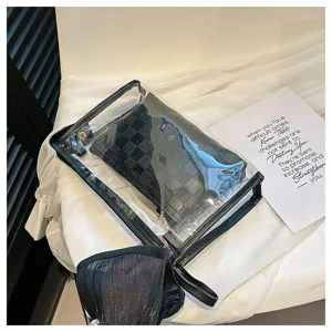 Detail view of 2-piece transparent PVC makeup bag with black checkerboard inner pouch