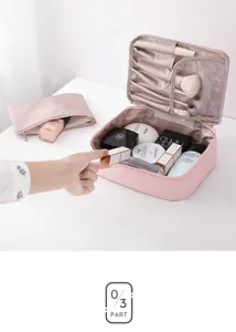 Detailed macro view showing the internal compartments of a large pink makeup travel bag