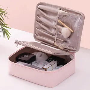 Large pink travel makeup bag organizer with brush slots and large capacity storage