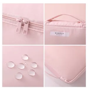 Large capacity pink travel makeup bag with waterproof fabric and double zippers