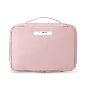Professional large capacity pink portable travel makeup bag with handle and zipper closure