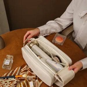 Detail view of large capacity PU cosmetic bag with U-shaped double zipper opening