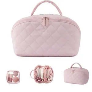 Large Capacity Quilted Makeup Bag Portable Toiletry Travel Storage Bag With Handle Polyester Cosmetic Bag And Small Pouch For Women