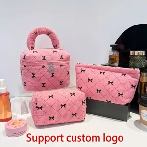 Corduroy Makeup Bag Bowknot Bear Strawberry Print Cosmetic Organizer Travel Toiletry Storage Bag Portable Pouch Bag For Women