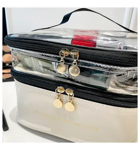 Dettaglio della borsa da toilette da viaggio a doppio strato con parte superiore in PVC