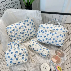 Detailed view of the 4-piece quilted blue floral makeup bag set in cotton fabric