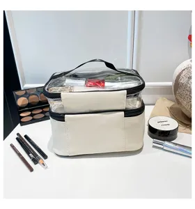Dettaglio di un beauty case da viaggio a doppio strato in PVC bianco crema e trasparente.
