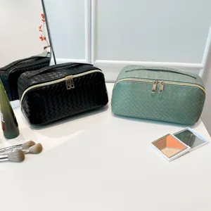 Großes wasserdichtes PU-geflochtenes Kosmetiktaschen-Set in Schwarz und Grün für Reisen