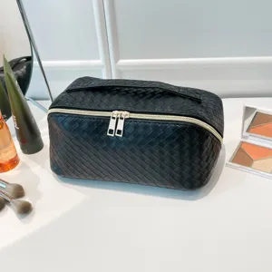 Große schwarze gewebte PU-Leder Kosmetiktasche für wasserdichte Reise-Toilettenartikel