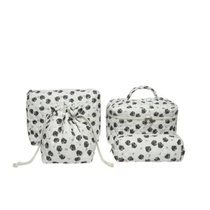4-piece quilted floral cosmetic bag set including drawstring and pencil case
