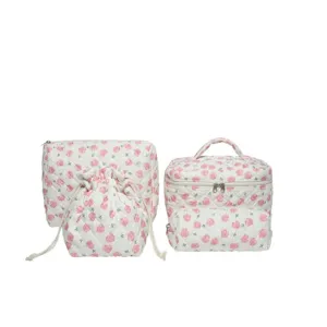 4-piece quilted floral cosmetic bag set including vanity case and drawstring pouch